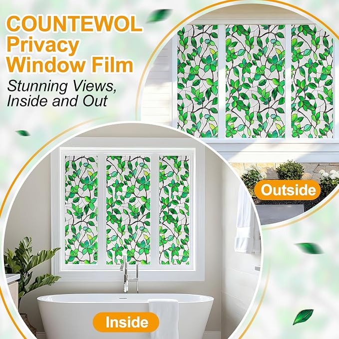 Countewol Greenery Leaf Static Cling Window Film Frosted Stained Glass Privacy - Image 6