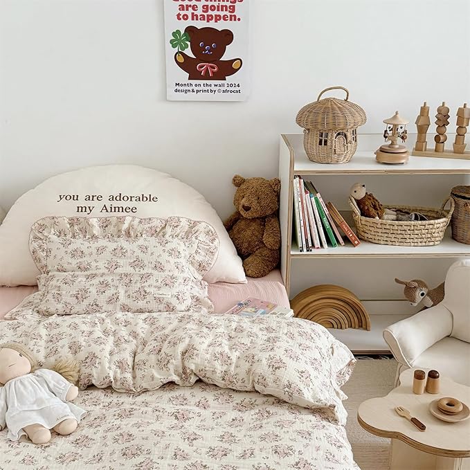 AOJIM Pink Floral Kids Toddler Pillowcase 1 Piece Super Soft Muslin Cotton Bedding Pillowcase with Ruffle Edges, Durable Nursery Pillowcase Aesthetic Print Kids Pillow Cover for Room Decor, 14x20 Inch