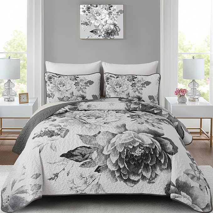 WONGS BEDDING Grey Boho Floral Quilt Set Queen, Elegant Gray Flower Bedspread by WONGSBEDDING