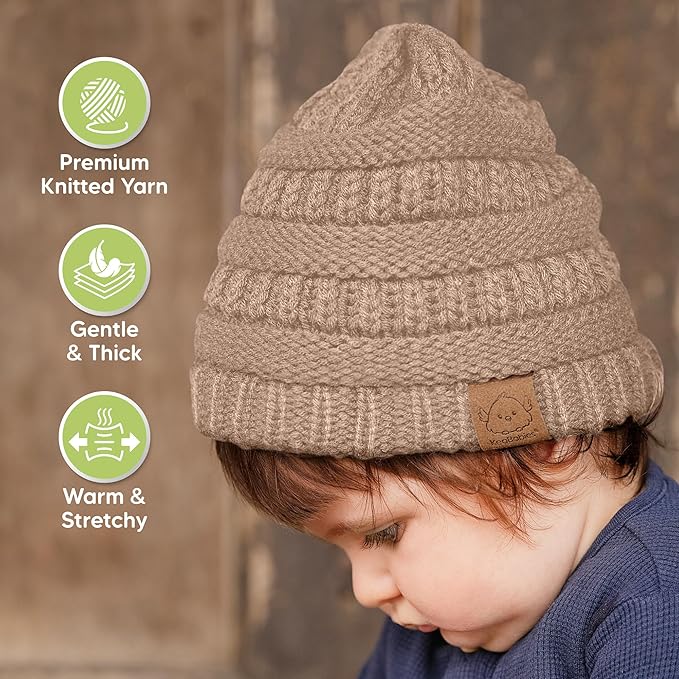 3-Pack Baby Beanies for Boys, Girls - Stretchy Knit Baby Hats, Cute Newborn & Toddler Winter Hat, Soft & Warm Infant Beanie 6-36 Months (Dune, M)