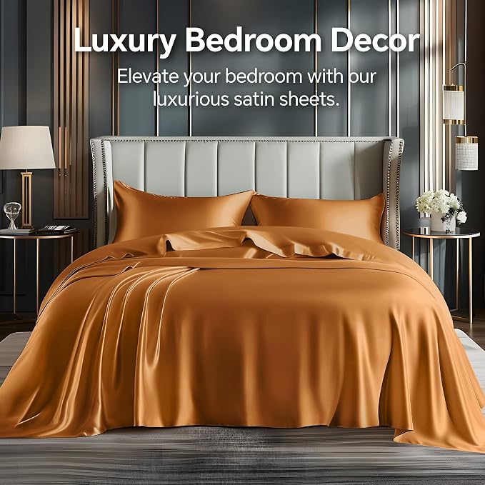 BEDELITE King Size Sheets Set, Luxury Soft Burnt Orange Satin Sheets - Image 2