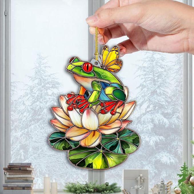 2D Flat Faux Stained Glass Frog Christmas Acrylic Ornament, Frog Ornaments - Image 5