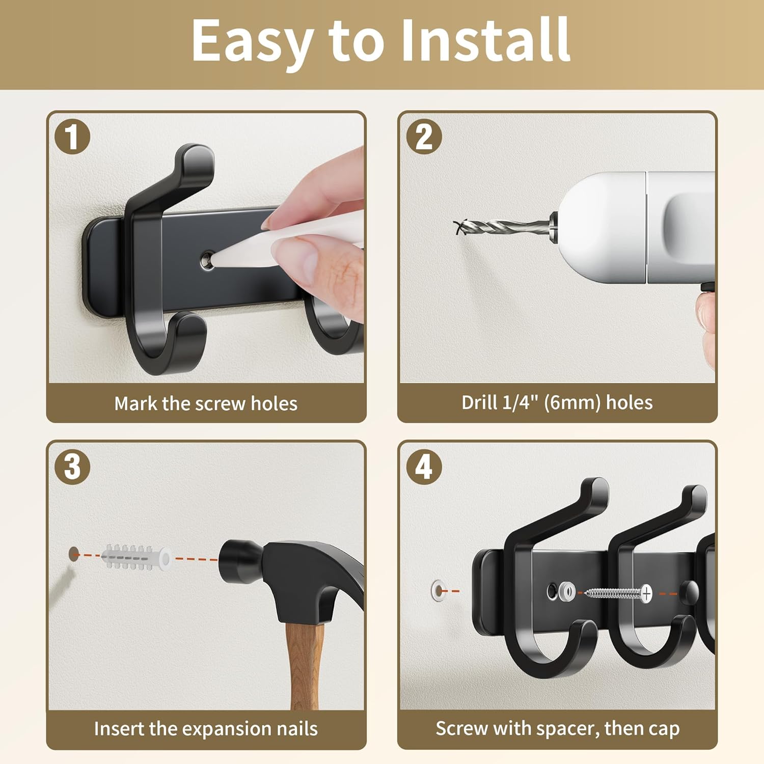 Coat Rack Wall Mounted Heavy-Duty: Metal Coat Hanger 6 Hooks for Hanging Hat, Clothes, Robe, Keys, Backpack, Bathroom Towels, Jacket, Purse - Closet, Door, Entryway, Mudroom (Black, 1 Pack)