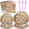 96PCS Spring Floral Birthday Party Plates Wood Grain Pink Flower Rustic by Tevxj