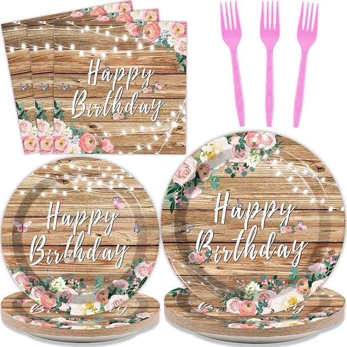 96PCS Spring Floral Birthday Party Plates Wood Grain Pink Flower Rustic by Tevxj