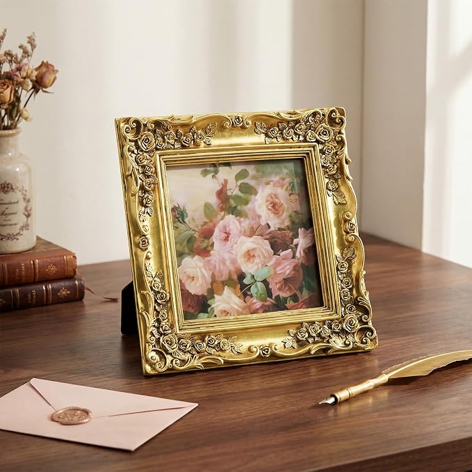 5x5 Gold Picture Frame Square, Vintage Ornate Floral Decorative Photo Frame | - Image 4
