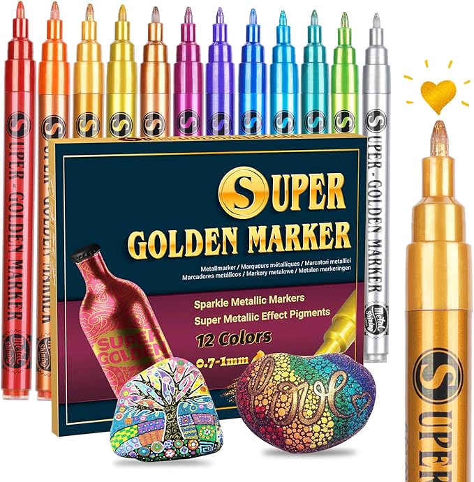 SAKEYR Super Golden Metallic Paint Markers, 12 Colors Sparkle Metallic Glitter by SAKEYR