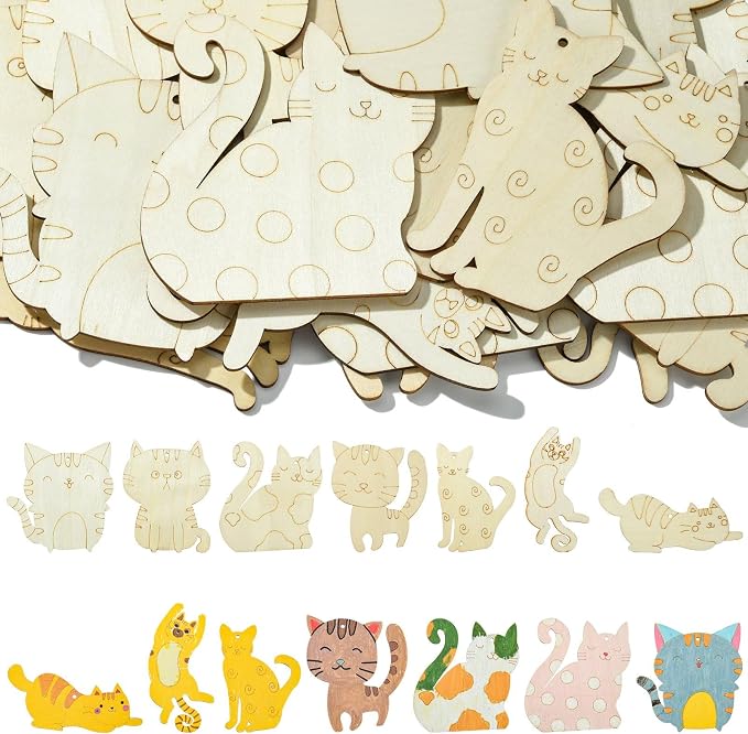 40 pcs Mixed Styles Lovely Cat Theme Unfinished Wood Cutout Charms Kitten Pet by Gythara