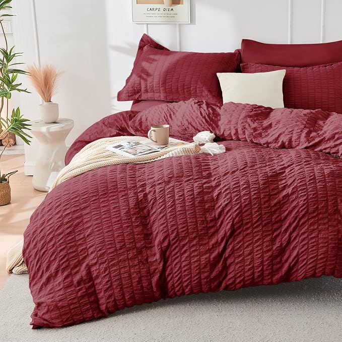 HYMOKEGE Burgundy Full Size Comforter Sets Seersucker 7 Pieces, All Season - Image 2