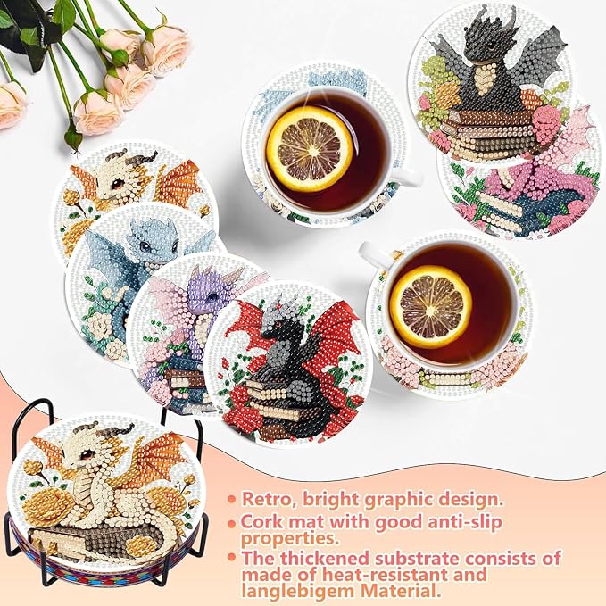 8 PCS Diamond Art Coasters Kits Dragon Book Diamond Painting Coaster | Diamond - Image 5