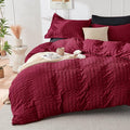 HYMOKEGE Dark Red/Black Duvet Cover Full Size, Ultra Soft 3-Piece Seersucker by HYMOKEGE