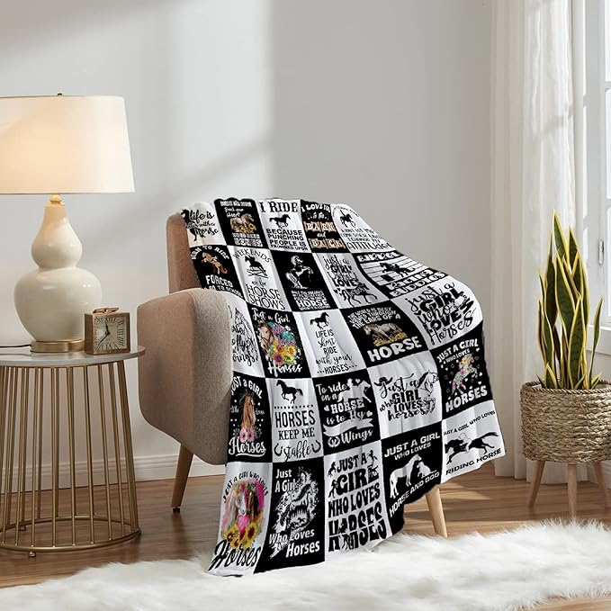 Horse Blanket for Adults,Black White Throw Blanket for Girls Boys Lightweight Animals Soft Cozy Flannel Blanket for Kids 90 * 120 Inches