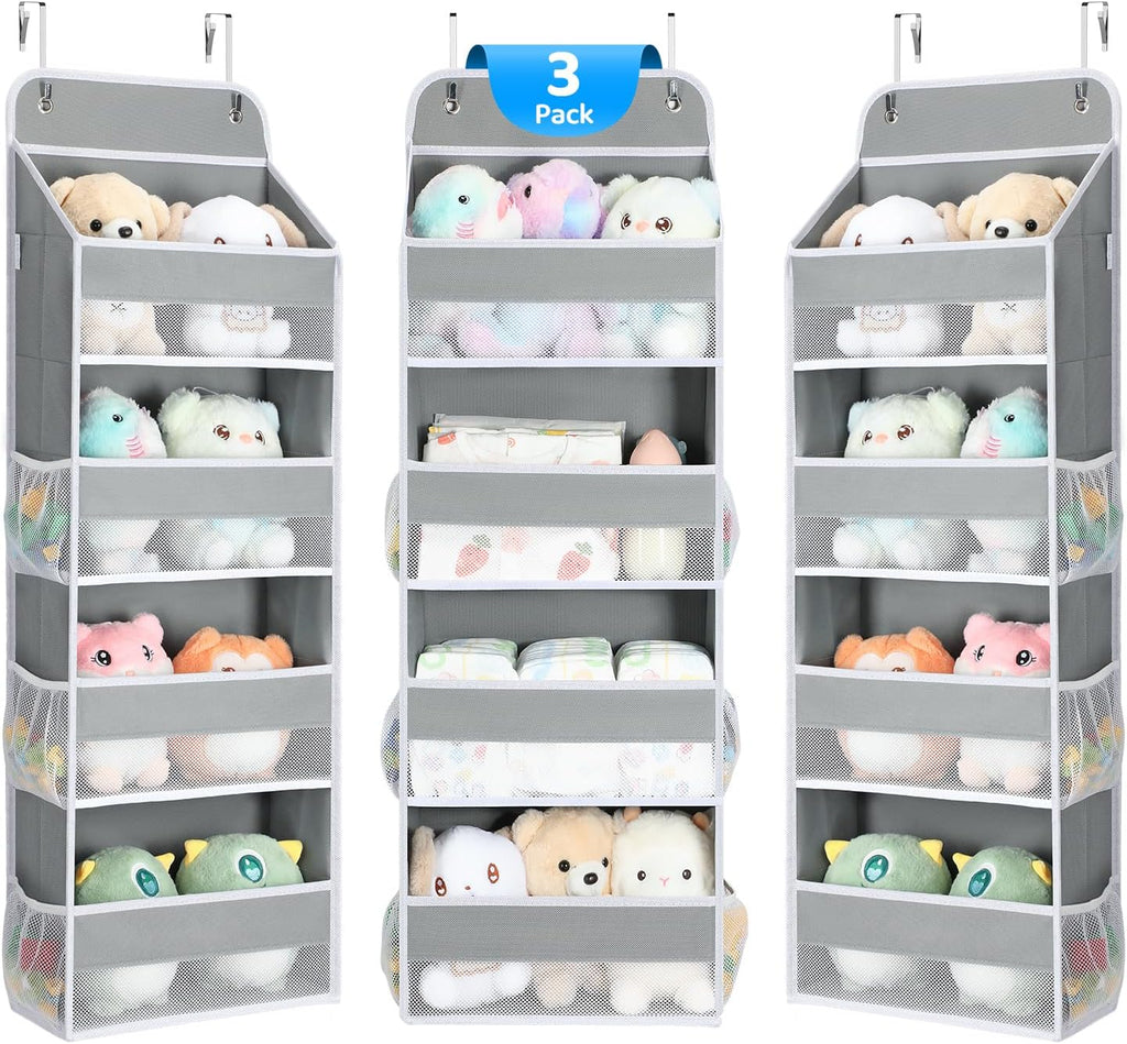 Yecaye 3 Pack 4-Tier Over The Door Organizer - Foldable Portable Baby Essentials for Stuffed Animal Storage - Multi-Purpose Bathroom Closet Organizers and Storage for Kids Newborn Baby Stuff Gray
