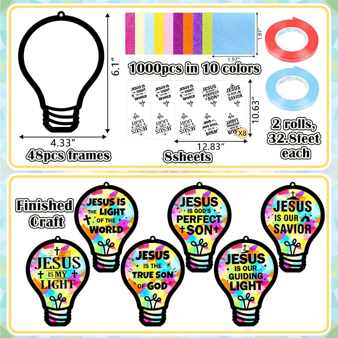 48PCS Sunday School VBS Crafts Bulk: Paper Lightbulb Cross Nativity Suncatchers - Image 4