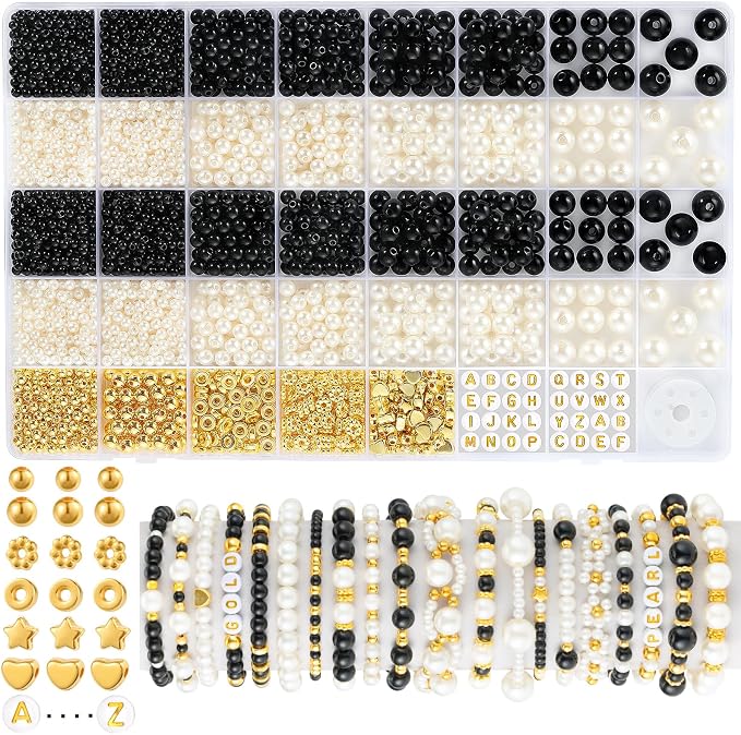 2230pcs Black and White Pearl Beads, 5 Sizes Round Pearls Beads by Funtopia