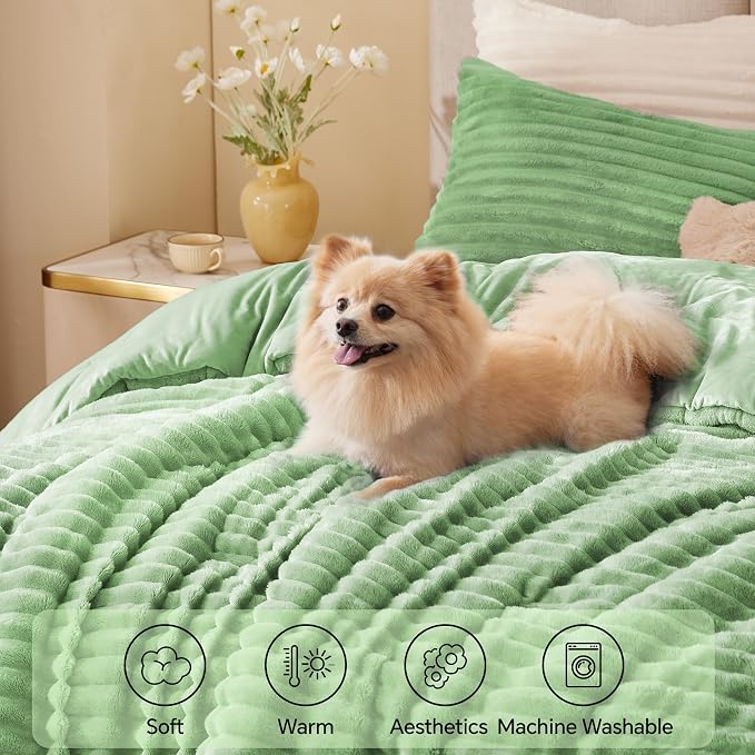 BEDELITE Fleece Full Comforter Set -Super Soft & Warm Fluffy Green Bedding - Image 3