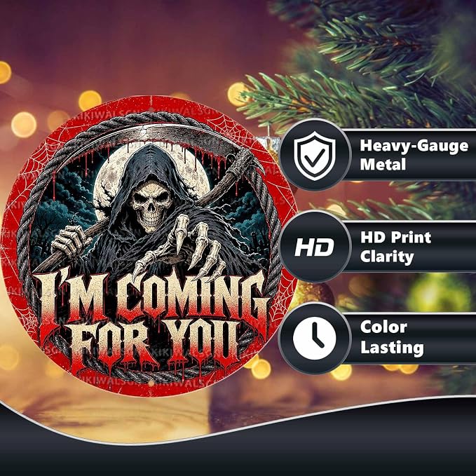 Grim Reaper Halloween Metal Tin Sign Round Wall Decor Blood Moon Scythe Gothic - Image 4