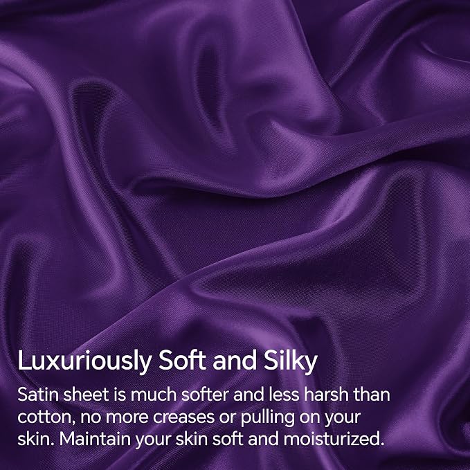 BEDELITE California King Sheets Set, Luxury Soft Plum Purple Satin Sheets - Image 3