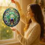 Stained Glass Window Hanging, LAOWEIKI 8'' Peacock Suncatcher, Stained Glass - Image 2