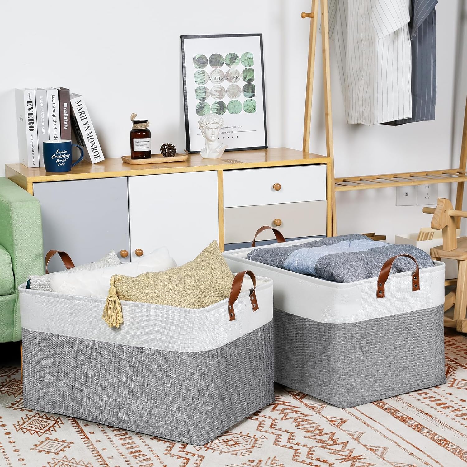 DULLEMELO Extra Large Storage Baskets for Organizing 22"x15"x13" Foldable Fabric Storage Baskets Organizer Bins with Handles Large Storage Basket for Shelves Closet Toys Books (White&Grey)