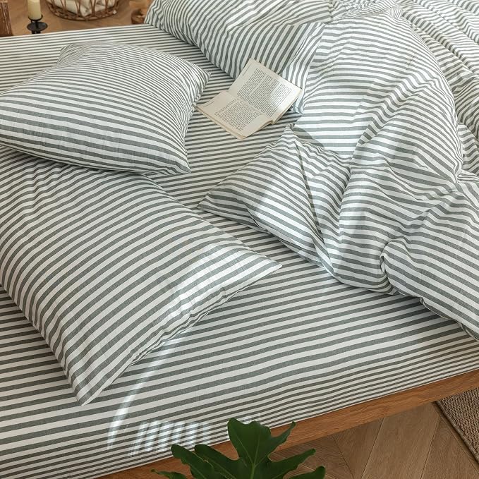 MooMee Striped Duvet Cover Set 100% Washed Cotton Linen Like Textured - Image 8