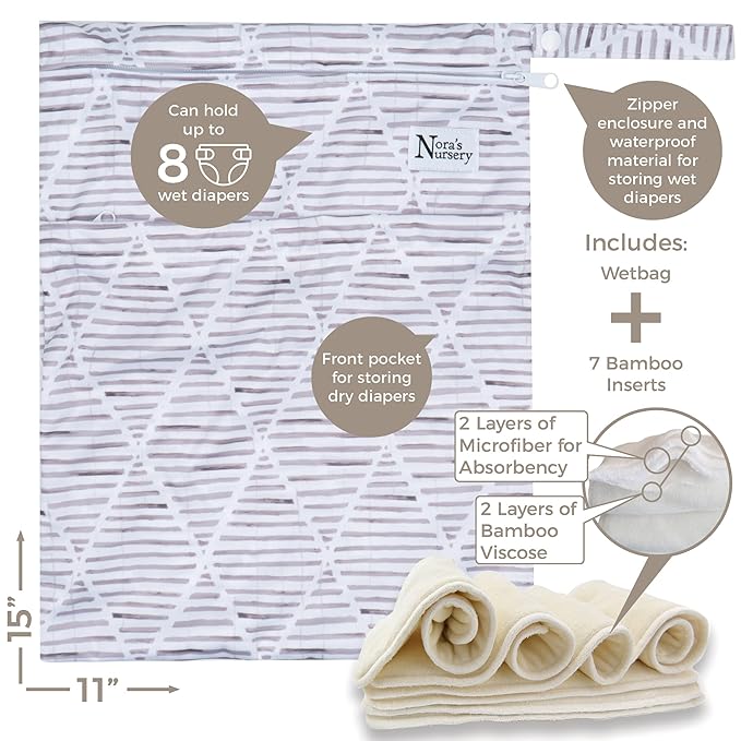 Nora's Nursery Cloth Diapers 7 Pack with 7 Inserts & 1 Wet Bag - Waterproof Cover, Washable, Reusable & One Size Adjustable Pocket Diapers for Newborns and Toddlers - Modern Blooms