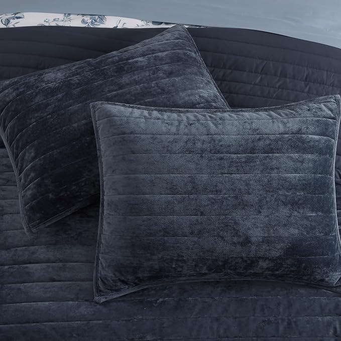 WRENSONGE Velvet Queen Quilt Set-3 Pieces Blue Grey Luxurious Velvet Striped - Image 8