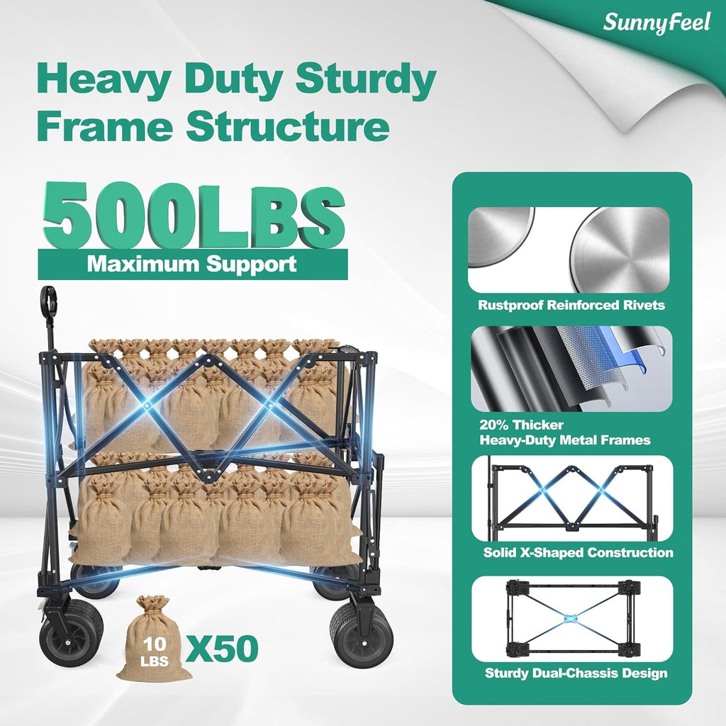 SUNNYFEEL Double Decker Wagon, Collapsible Outdoor Utility Wagon Cart 500LB Capacity Adjustable Handlebar,Foldable Wheels Stable Durable Oxford Fabric for Shopping Garden Camping (Black, Double Deck)