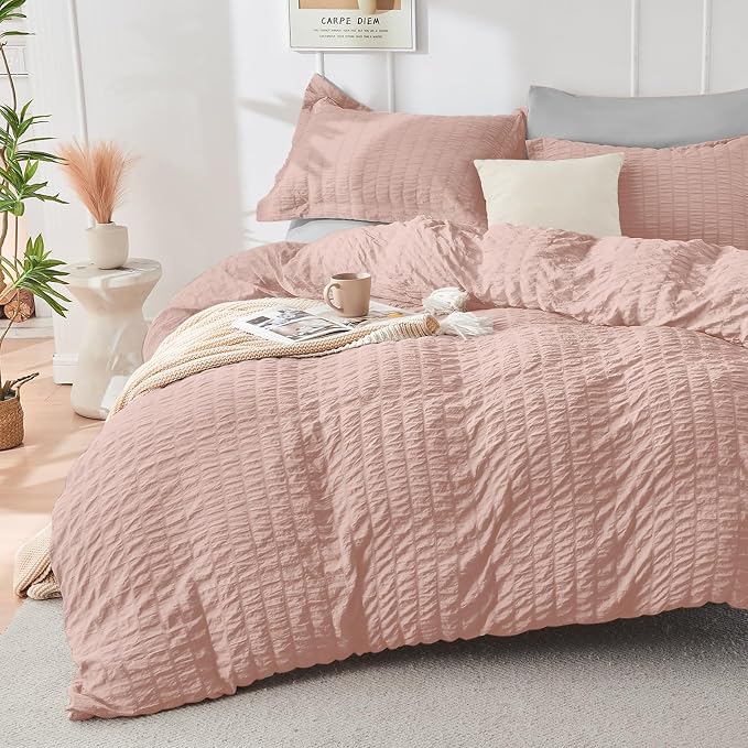 HYMOKEGE Rose Gold/Light Grey Twin Comforter Set Seersucker 5 Pieces, All - Image 2