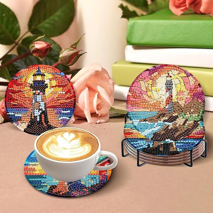 8 PCS Diamond Art Coasters Kits Lighthouse Diamond Painting Coaster | Diamond - Image 5