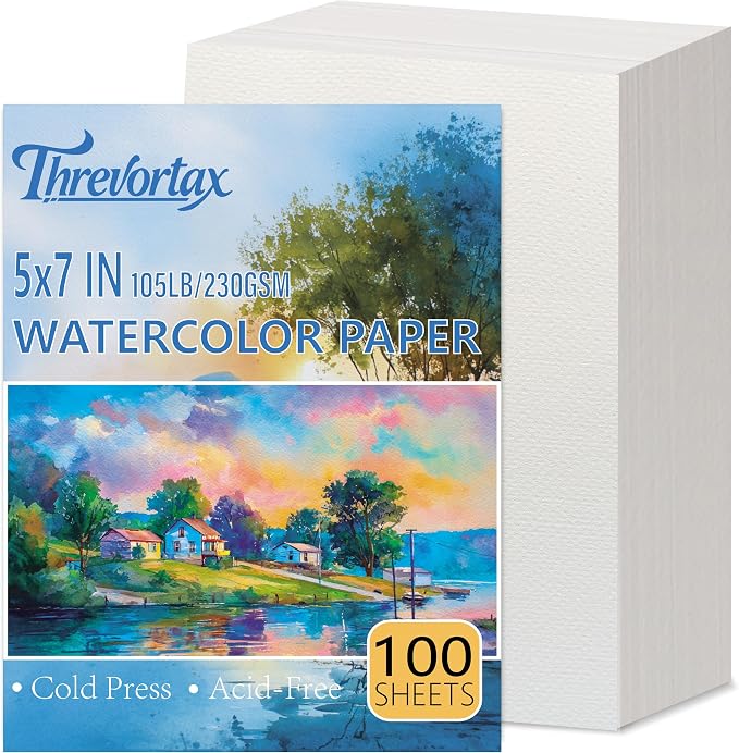 Threvortax 100 PCS Watercolor Paper 5X7 Inch 105LB/230GSM Cold Press Water by Threvortax