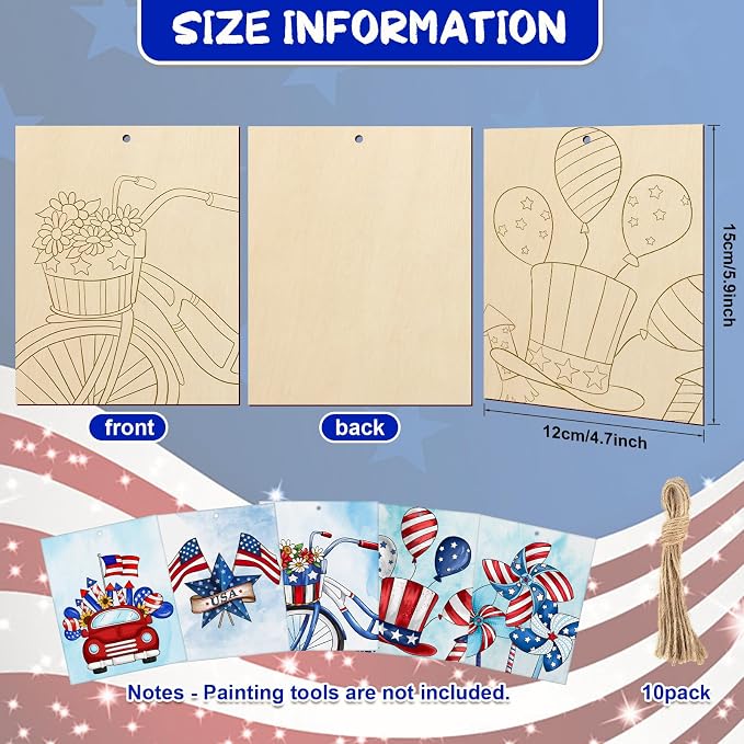 COCHIE 10 Pieces Large 4th of July Unfinished Wood Crafts to Paint - Image 2