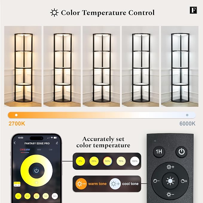 FENLO Corner Floor Lamp with Shelves, Dimmable LED Corner Shelf with Lights - Image 4