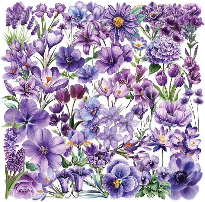 50 Pieces Purple Flower Themed Transparent Stickers by Unknown