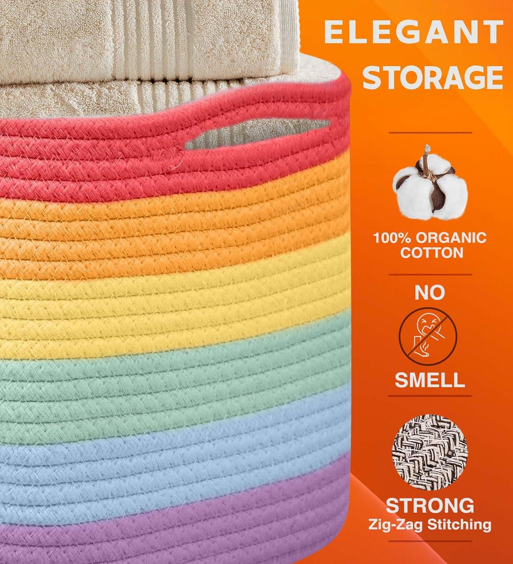 CHAT BLANC Rainbow Cotton Rope Baskets for Organizing | Storage Baskets for Shelves | Rainbow Rope Basket for Storage, Small Laundry Baskets, Woven Baskets for Storage, Dog Toy Bin, Baby Basket, 3Pack