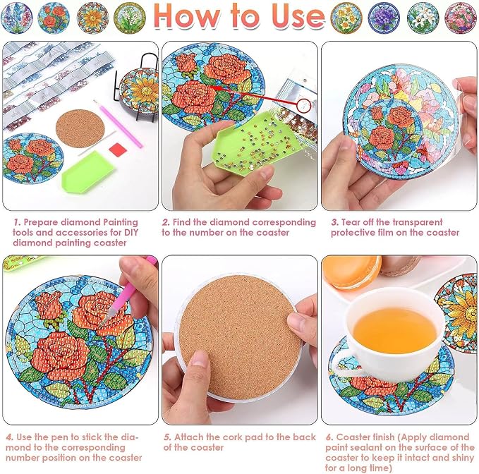 ijbnhd 8 PCS Flowers Diamond Art Coasters | Diamond Painting Coasters Kits - Image 7