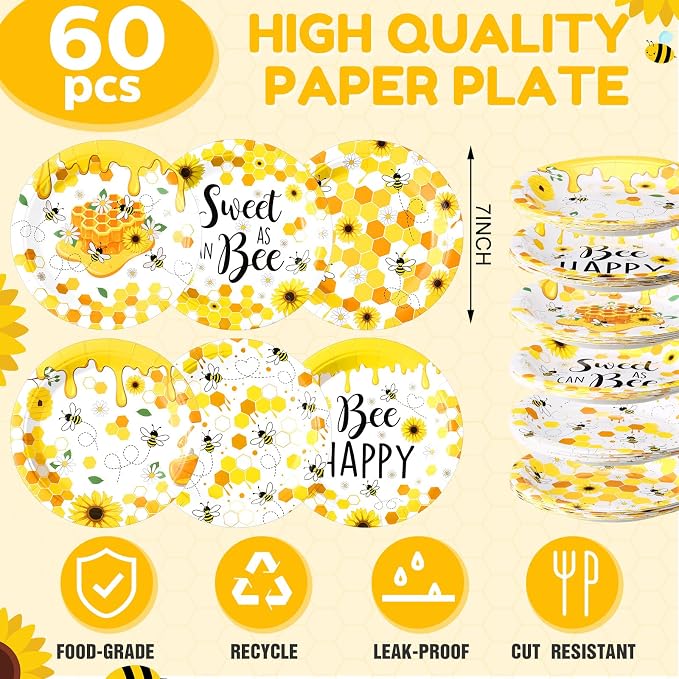 Funnymoom 60 Pcs 7 Inch Honey Bee Paper Plates Bee Happy Shower Tableware - Image 2