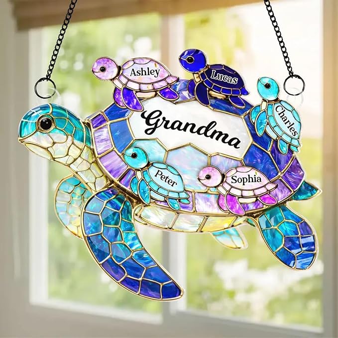 Grandma's Little Turtle Broken Glass Hologram Ornament, Personalized Grandma - Image 4