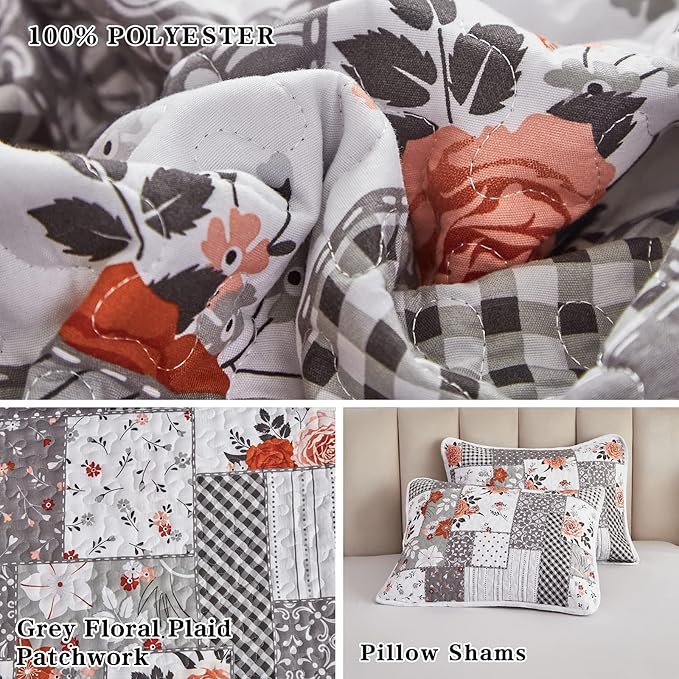 Patchwork Quilt Set Full/Queen Size, 3 Pieces Grey Floral Plaid Summer - Image 6