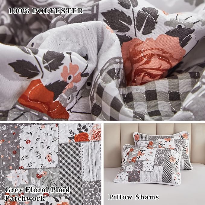Patchwork Quilt Set King Size, 3 Pieces Grey White Floral Plaid Summer - Image 6