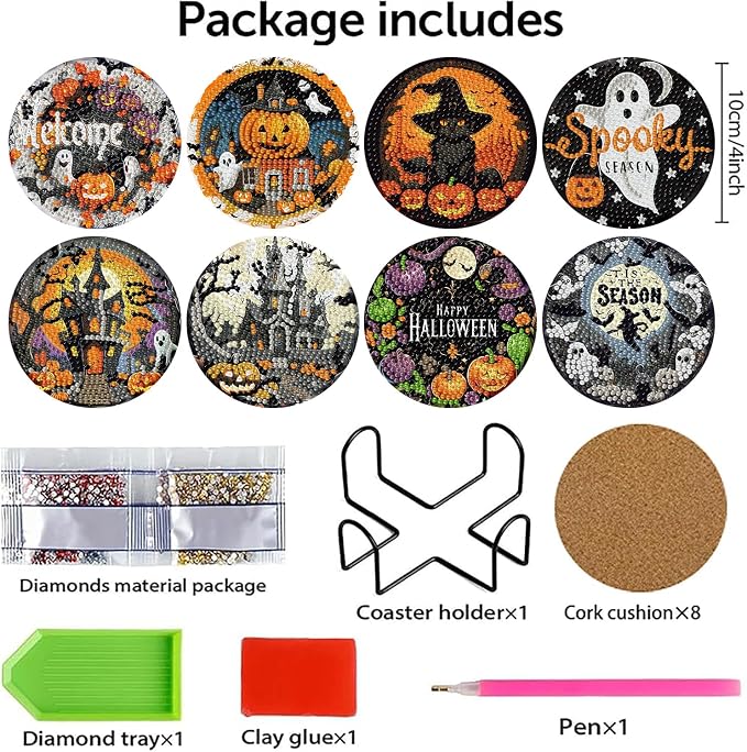 8 PCS Halloween Diamond Art Coasters Kits Diamond Painting Coaster | Diamond - Image 2
