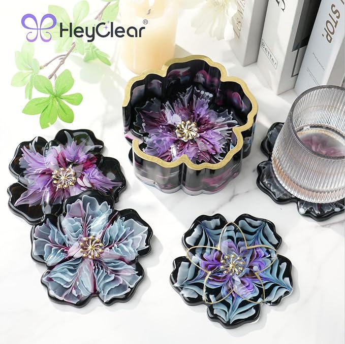 HeyClear 5Pcs Coaster Silicone Resin Molds, Flower Coaster Epoxy Resin Molds - Image 8