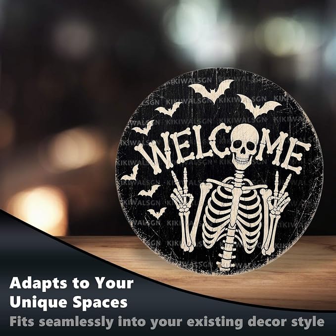 Funny Skeleton Welcome Halloween Metal Tin Sign Round Wall Decor Peace Sign Bat - Image 6