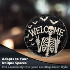 Funny Skeleton Welcome Halloween Metal Tin Sign Round Wall Decor Peace Sign Bat - Image 6