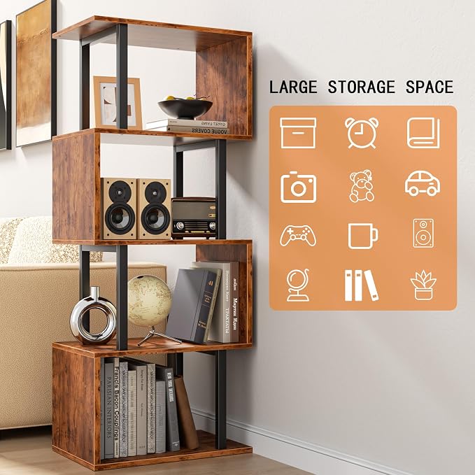 Furologee 5 Tier Bookshelf, S Shaped Geometric Bookcase, Narrow Freestanding - Image 5