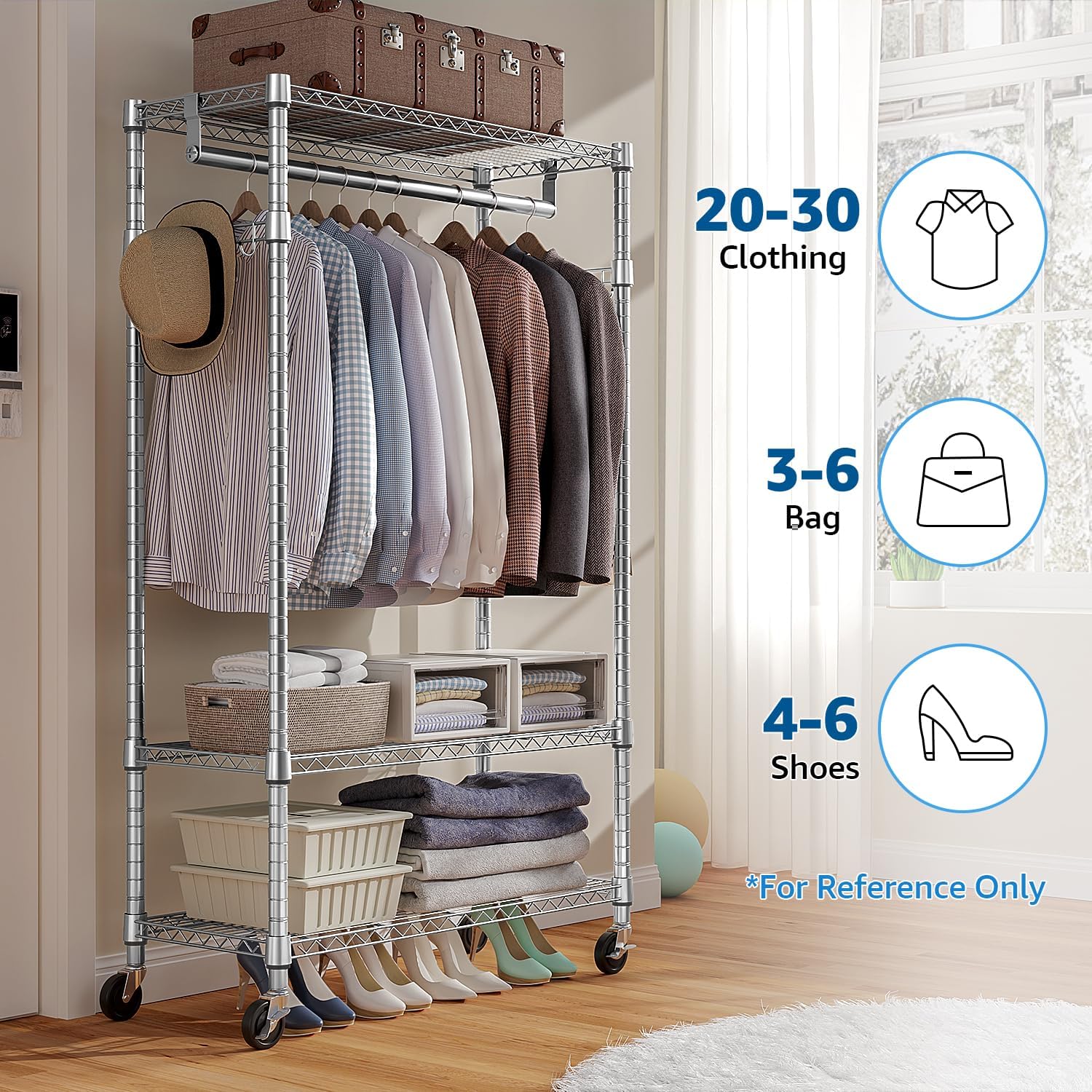 Heavy Duty Rolling Garment Rack 3 Tiers Adjustable Wire Shelving Clothes Rack with Rods and Side Hooks,Storage Closet Clothing Rack with Wheels Chrome 15.7" D x 29.5" W x 74.5" H