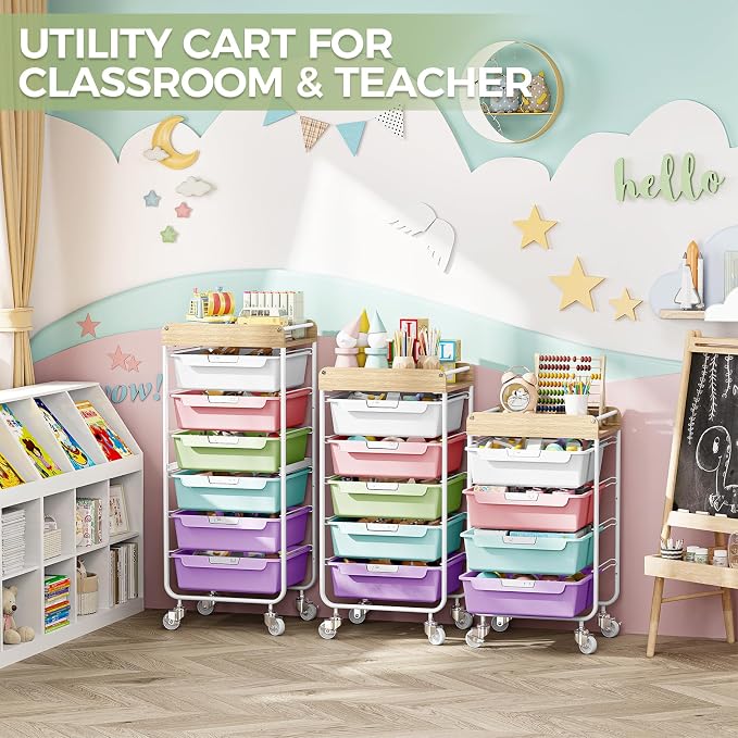 SYKIARIOL Rolling Utility Storage Cart, 4 Labeled Ice Cream Colored Drawers - Image 7