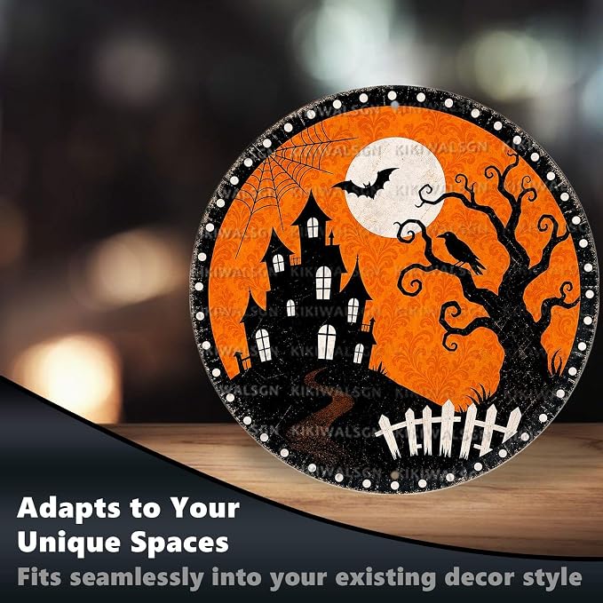 Haunted House Halloween Metal Tin Sign Round Wall Decor Bat Crow Dead Tree - Image 6