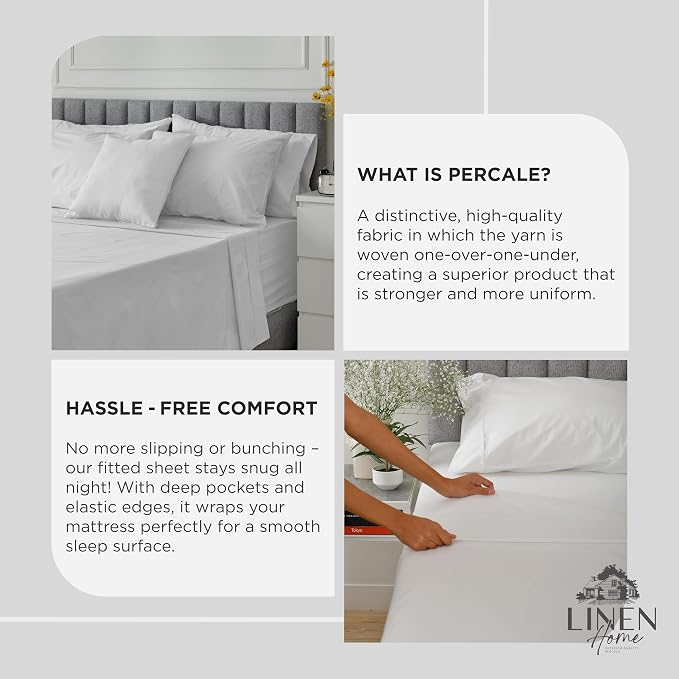 Linen Home 100% Cotton Percale Weave Fitted Sheet, King Size, Dove Grey - Image 4