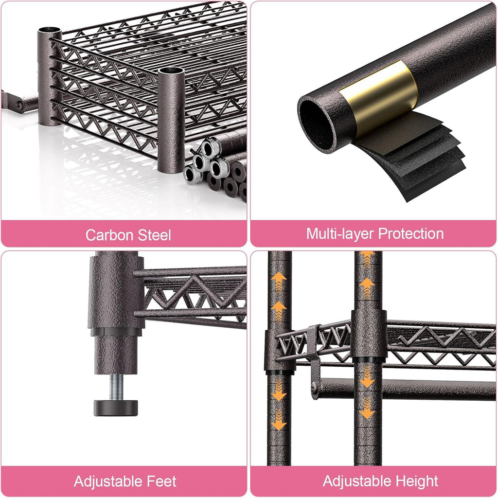 Heavy Duty Rolling Garment Rack 3 Tiers Adjustable Wire Shelving Clothes Rack with 1 Rods and Side Hooks,Storage Closet Clothing Rack Grey 15.7" D x 45.3" W x 72.4" H